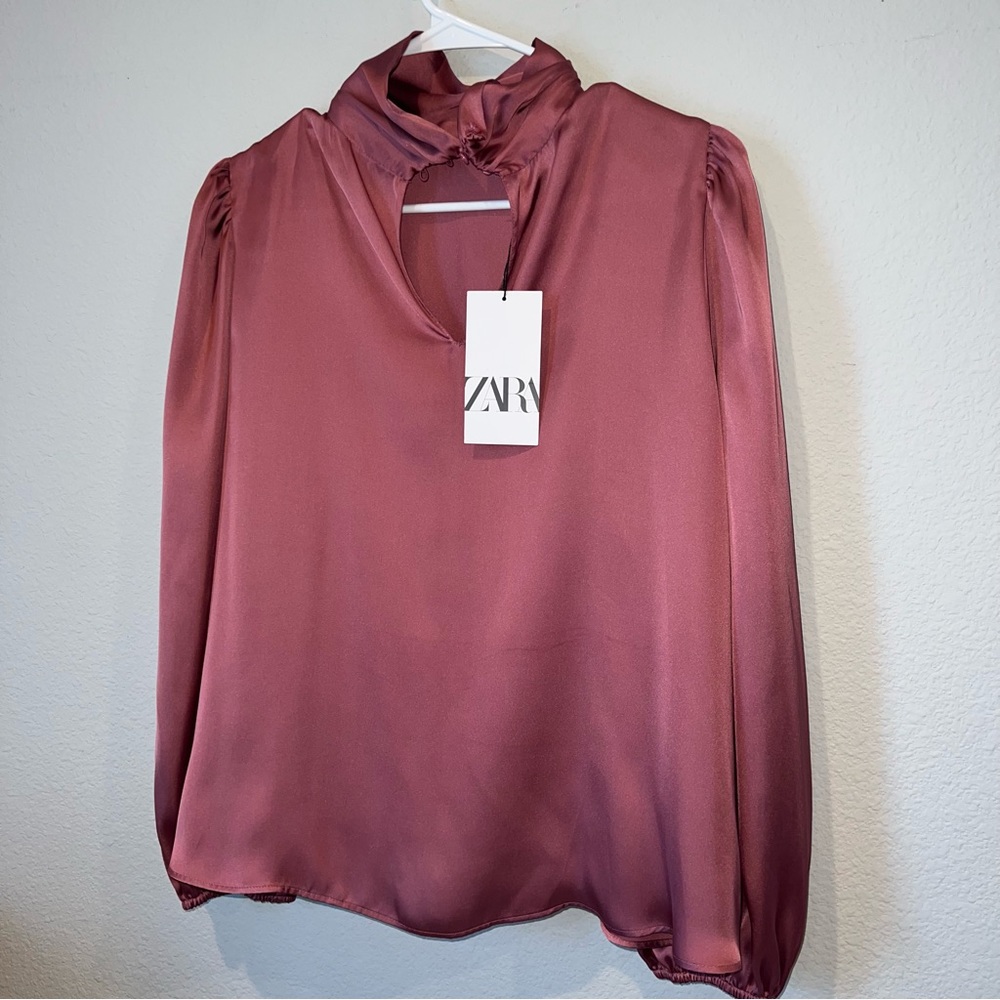 NWT Dusty Rose Mauve High Neck Satin Effect Blouse - Picture 2 of 5